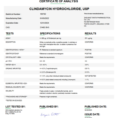 Clindamycin Hydrochloride USP For Compounding (API)