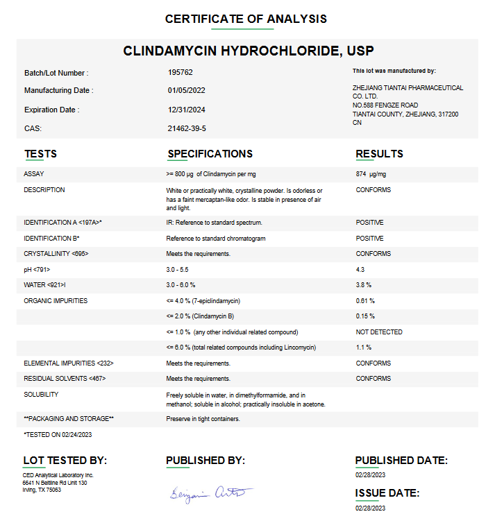 Clindamycin Hydrochloride USP For Compounding (API)