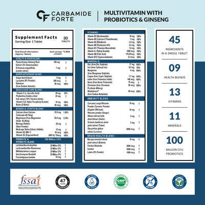 Carbamide Forte Multivitamin Tablets for Men and Women with Probiotics Supplement - 30 Veg Tablets
