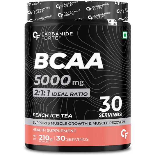 Carbamide Forte BCAA Powder 5000mg | BCAA Supplement For Women & Men Muscle Growth | BCAA Pre Workout & BCAA Intra Workout Supplement For Muscle Recovery | BCAA Peach Ice Tea Flavour - 210g Powder