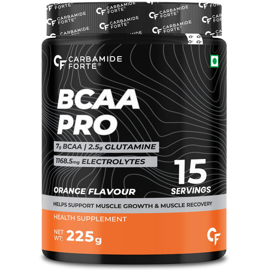 Carbamide Forte BCAA Powder 5000mg | BCAA Supplement For Women & Men Muscle Growth | BCAA Pre Workout & BCAA Intra Workout Supplement For Muscle Recovery | BCAA Orange Flavour - 210g Powder