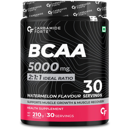 Carbamide Forte BCAA Powder 5000mg | BCAA Supplement For Women & Men Muscle Growth | BCAA Pre Workout & BCAA Intra Workout Supplement For Muscle Recovery | BCAA Supplements For Men & Women 7g Serving with Ideal 2:1:1 Ratio | BCAA Watermelon Flavour - 210g