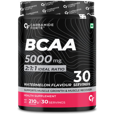 Carbamide Forte BCAA Powder 5000mg | BCAA Supplement For Women & Men Muscle Growth | BCAA Pre Workout & BCAA Intra Workout Supplement For Muscle Recovery | BCAA Supplements For Men & Women 7g Serving with Ideal 2:1:1 Ratio | BCAA Watermelon Flavour - 210g