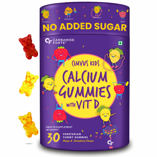Carbamide Forte Calcium with Vitamin D Gummies for Kids | Calcium Gummies for Kids for Stronger Bones, Joints & Teeth & Immunity - Mango & Strawberry Flavour - 30 Veg Gummies