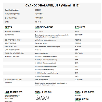 Cyanocobalamin Liquid API (Vitamin B 12) USP For Custom Compounding (API)