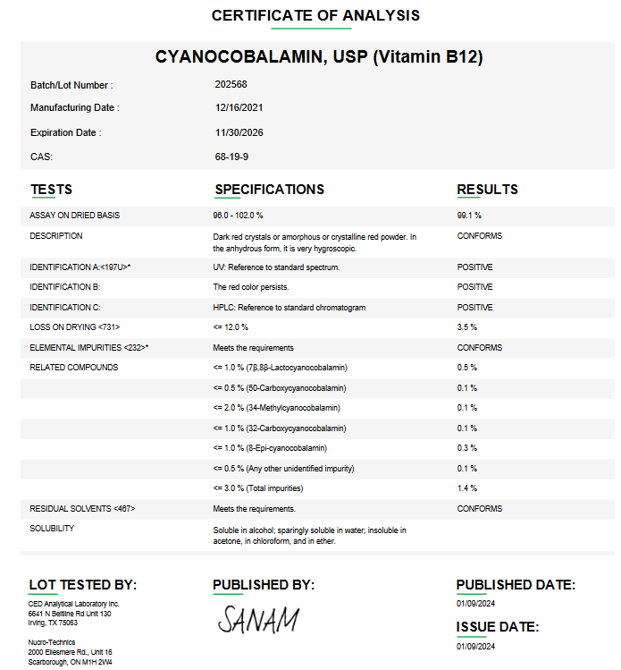 Cyanocobalamin Liquid API (Vitamin B 12) USP For Custom Compounding (API)