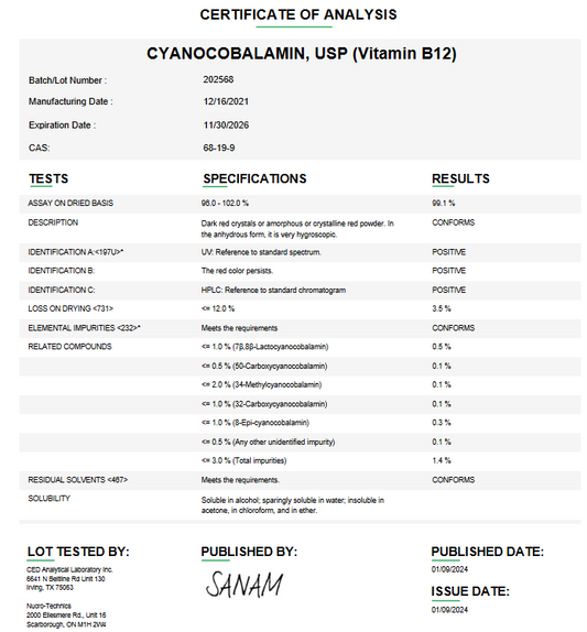Cyanocobalamin Liquid API (Vitamin B 12) USP For Custom Compounding (API)