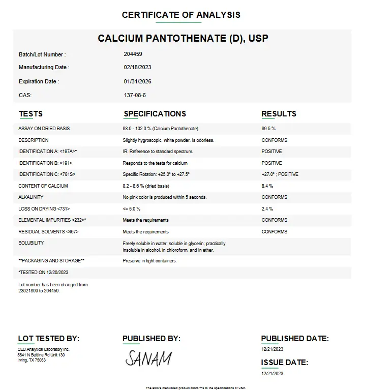 D-Calcium Pantothenate USP For Compounding (API)