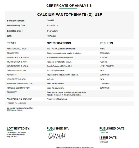 D-Calcium Pantothenate USP For Compounding (API)