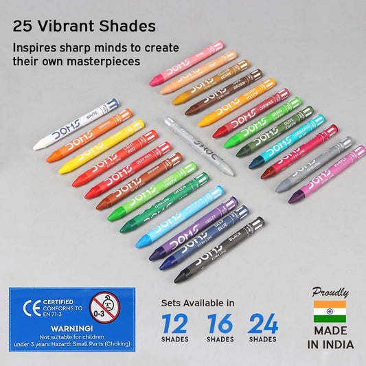Doms Non-Toxic Extra Long Wax Crayon Set In Cardboard Box - 16 Assorted Shades