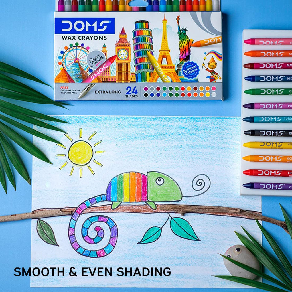 Doms Non-Toxic Extra Long Wax Crayon Set In Cardboard Box - 16 Assorted Shades