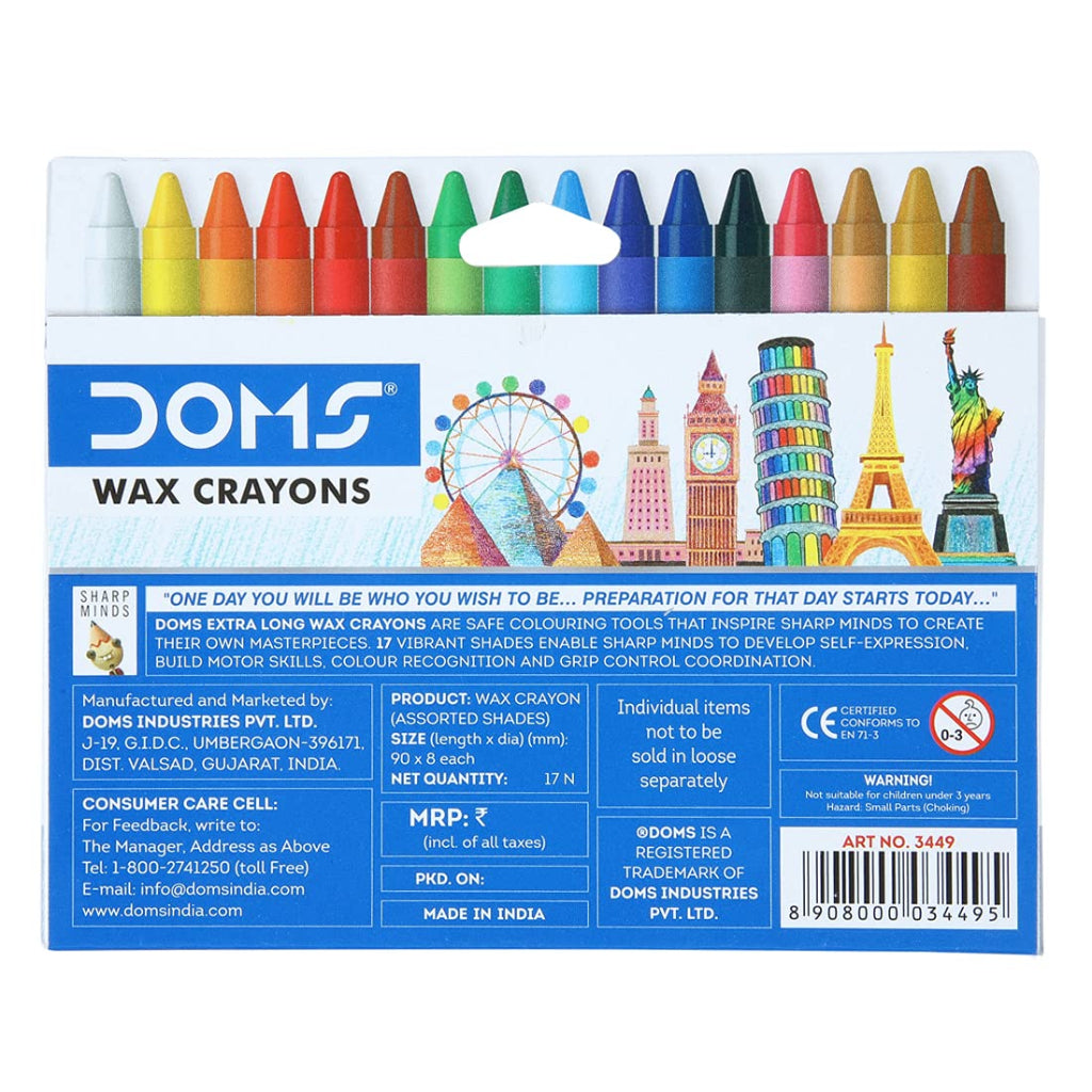Doms Non-Toxic Extra Long Wax Crayon Set In Cardboard Box - 16 Assorted Shades