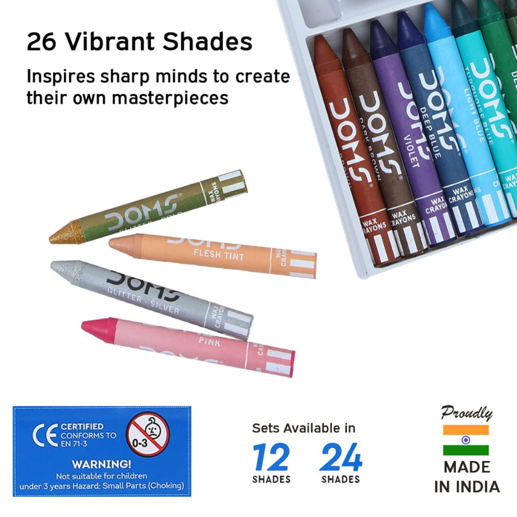 Doms Non-Toxic Extra Long Wax Crayon Set In Cardboard Box - 12 Assorted Shades