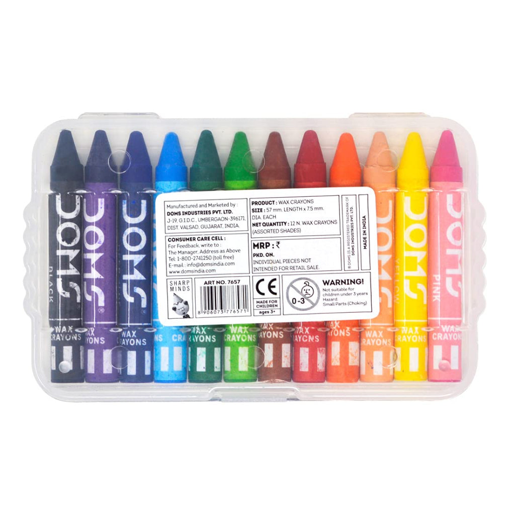 Doms Non-Toxic Super Smooth Wax Crayons - 12 Assorted Shades