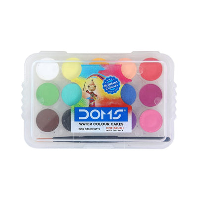 Doms Non-Toxic 15Mm Water Colour Cake Set With Paint Brush And Plastic Case  - 15 Assorted Shades