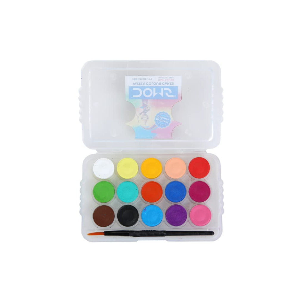 Doms Non-Toxic 15Mm Water Colour Cake Set With Paint Brush And Plastic Case  - 15 Assorted Shades