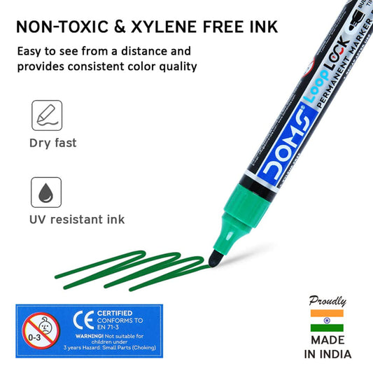 Doms Refilo Non-Toxic Hi-Tech Refillable Loop Lock Permanent Marker Pens (Green)