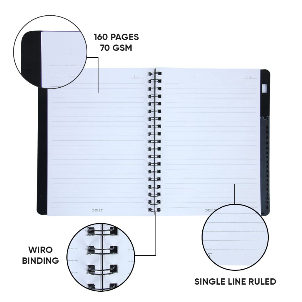 Doms 70GSM 1 Subject Ruled Wiro Binding Notebook - 160 Pages, Pack of 1