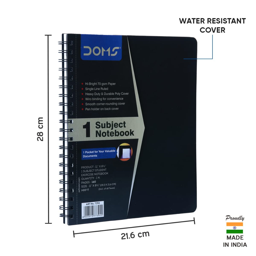 Doms 70GSM 1 Subject Ruled Wiro Binding Notebook - 160 Pages, Pack of 1