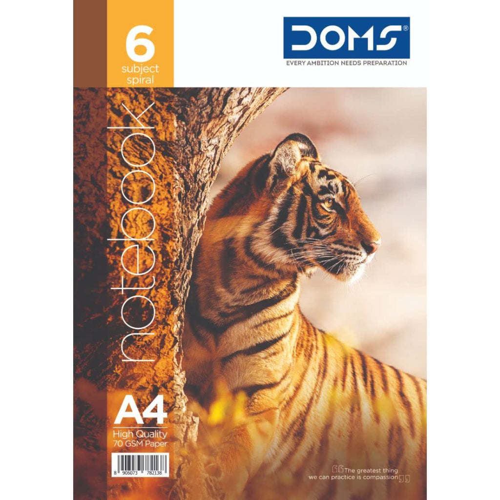 Doms 70GSM A4 6 Sub Single Line Book Spiral Bound Wildlife Animals Series Exercise Note Book - 300 Pages, Pack of 1