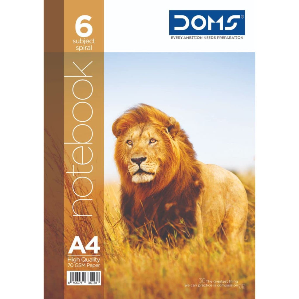 Doms 70GSM A4 6 Sub Single Line Book Spiral Bound Wildlife Animals Series Exercise Note Book - 300 Pages, Pack of 1