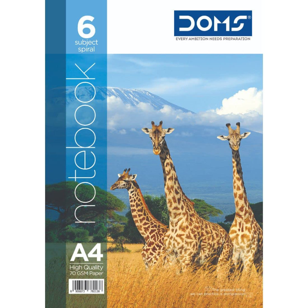 Doms 70GSM A4 6 Sub Single Line Book Spiral Bound Wildlife Animals Series Exercise Note Book - 300 Pages, Pack of 1