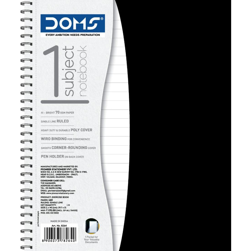 Doms 70GSM Unruled 1 Subject Wiro Binding Notebook - 160 Pages, Pack of 1