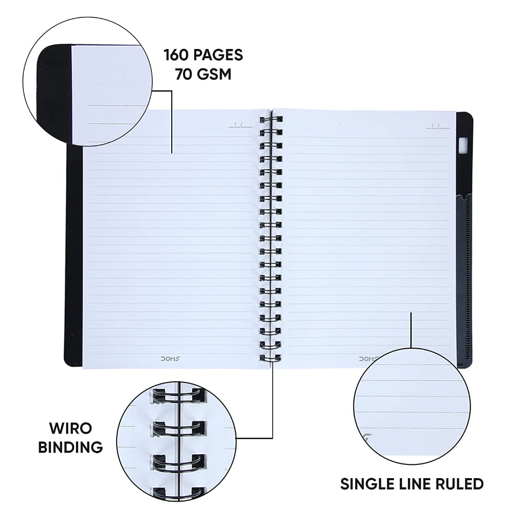 Doms 70GSM Unruled 1 Subject Wiro Binding Notebook - 160 Pages, Pack of 1