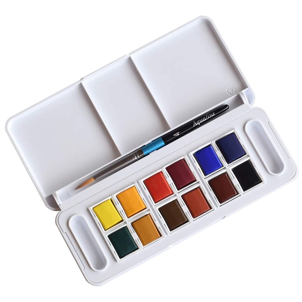 Daler Rowney Aquafine Watercolour Travel Set With Brush (Multicolour- 12 Half Pans)