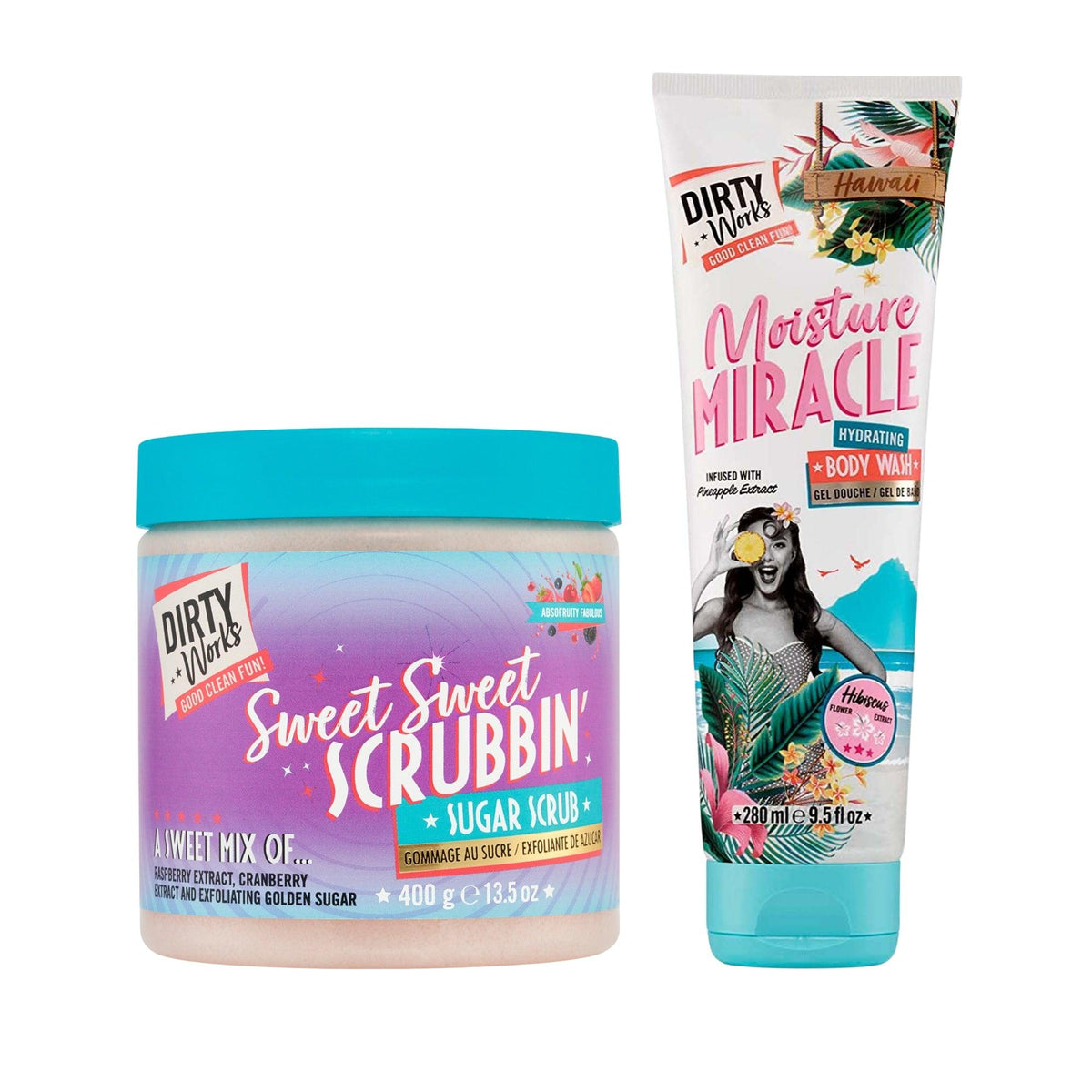Dirty Works Sweet Sweet Scrubbin Sugar Scrub & Miracle Hawaii Hydrating Body Wash | Exfoliating Sugar Scrub & Moisturizing Body Wash for Smooth, Soft Skin with Tropical Hawaiian Scents - Combo of 2