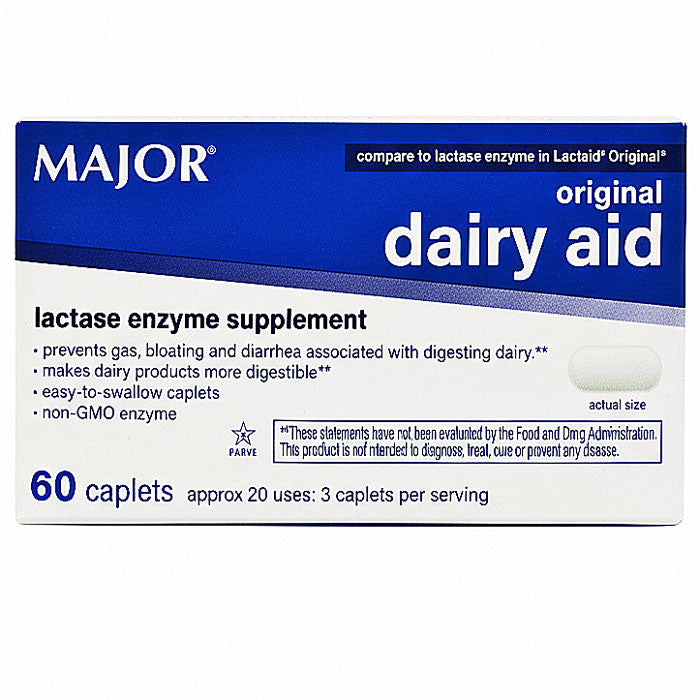 Dairy Aid Lactase Enzyme Supplement 9000 IU Gas, Bloating, Cramps and Diarrhea Relief 60 Caplets