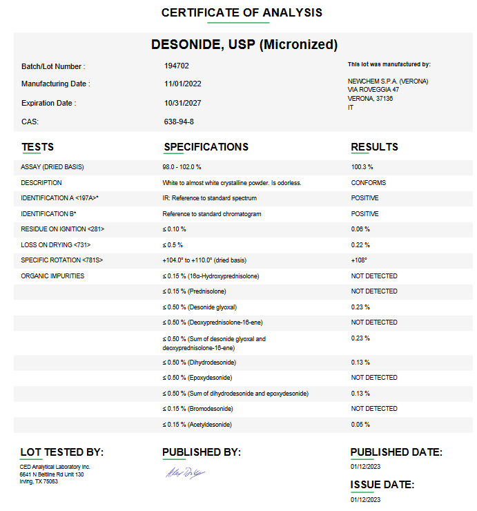 Desonide USP (Micronized) For Compounding (API)