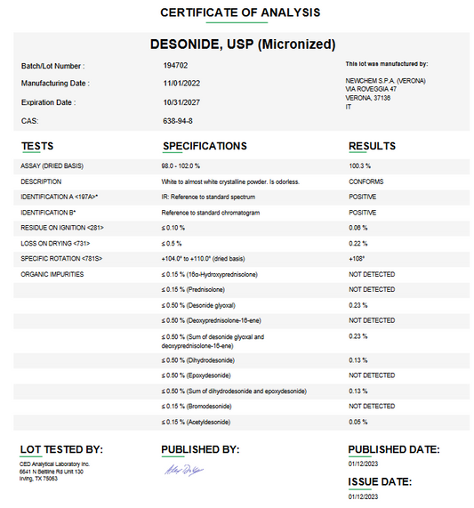 Desonide USP (Micronized) For Compounding (API)
