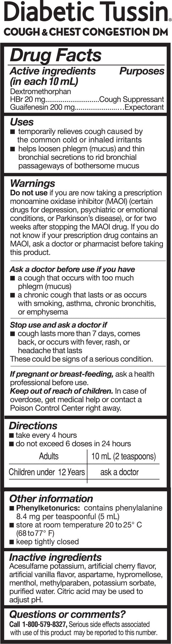 Diabetic Tussin Cough and Chest Congestion Relief Liquid Cough Syrup, Sugar Free, 4 oz
