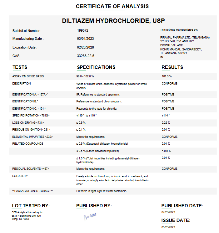Diltiazem Hydrochloride USP For Compounding (API)