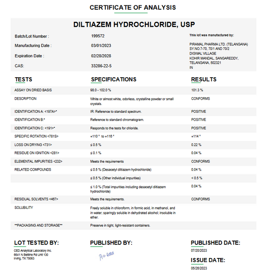Diltiazem Hydrochloride USP For Compounding (API)