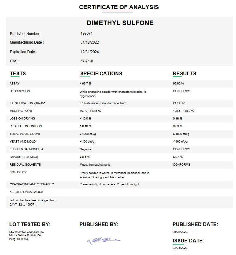 Dimethyl Sulfone USP For Compounding (API)