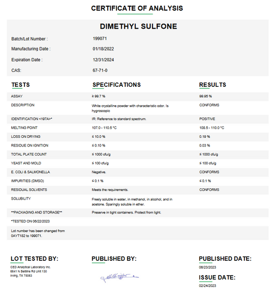 Dimethyl Sulfone USP For Compounding (API)