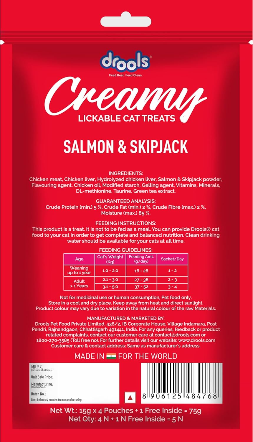 Drools Creamy Lickable Cat Treat for Cats – Salmon & Skipjack, 75gms x 5 Sachets- Set Of 5