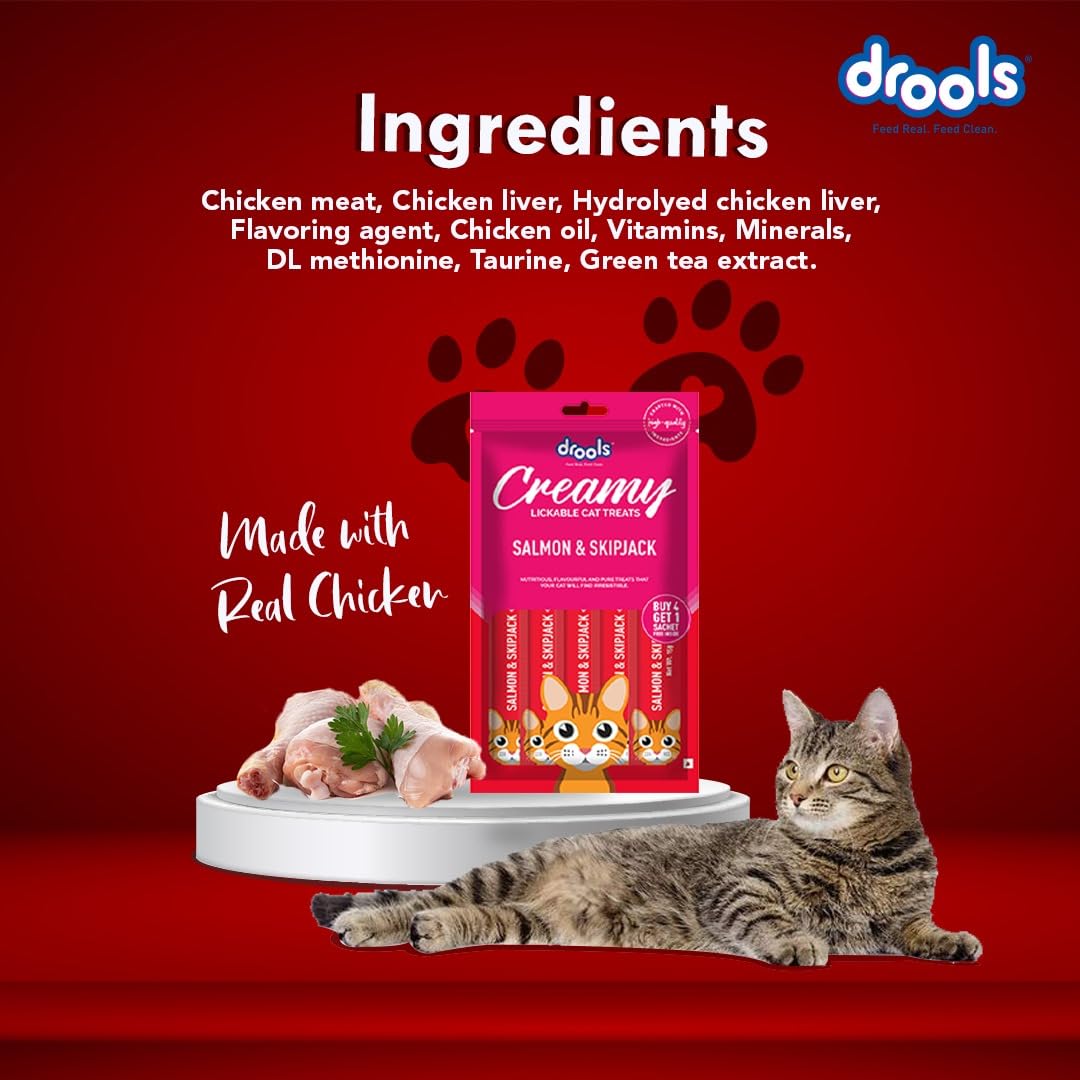 Drools Creamy Lickable Cat Treat for Cats – Salmon & Skipjack, 75gms x 5 Sachets- Set Of 5