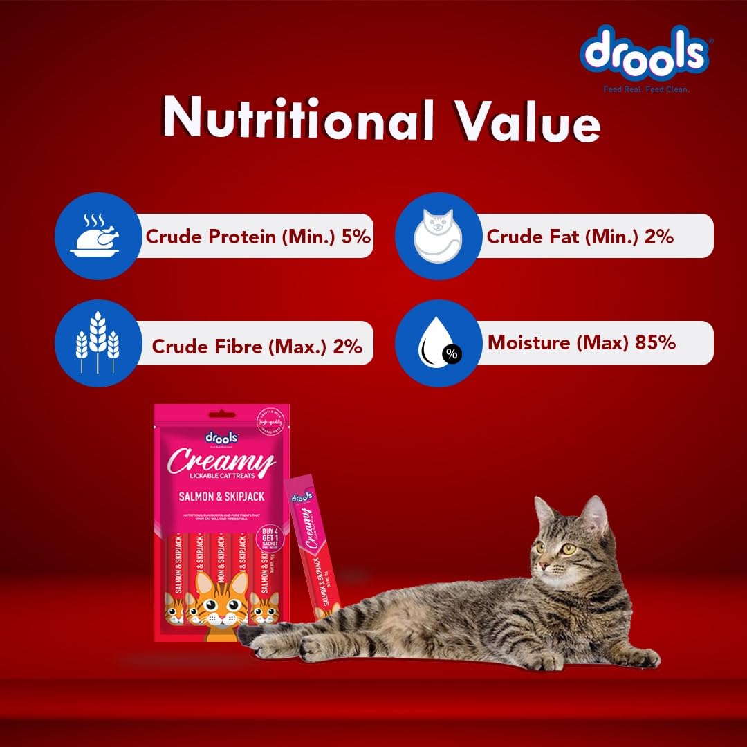 Drools Creamy Lickable Cat Treat for Cats – Salmon & Skipjack, 75gms x 5 Sachets- Set Of 5