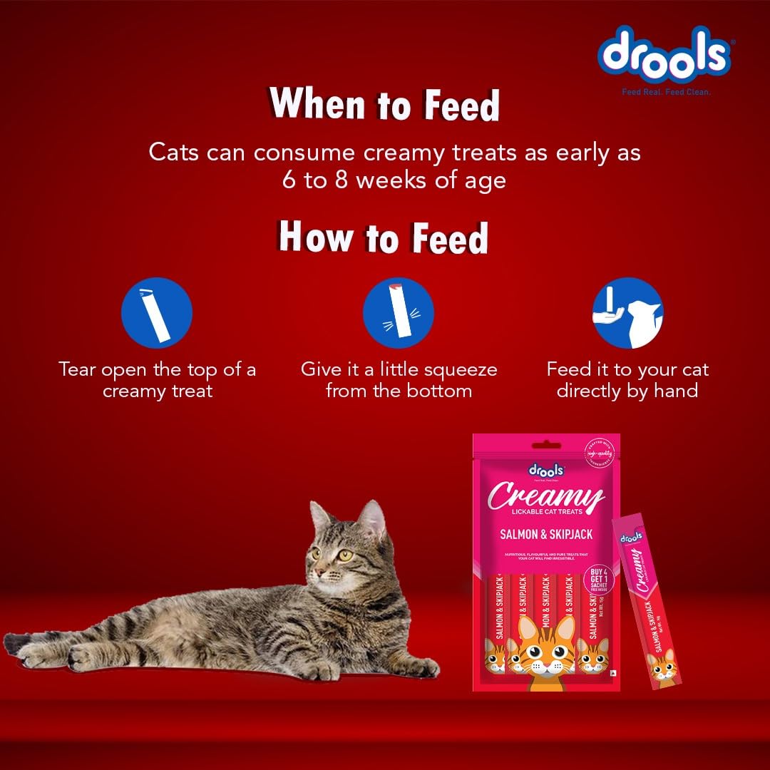 Drools Creamy Lickable Cat Treat for Cats – Salmon & Skipjack, 75gms x 5 Sachets- Set Of 5