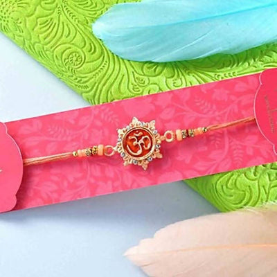 Auspicious Peach Om Rakhi & Batisha Slice Combo