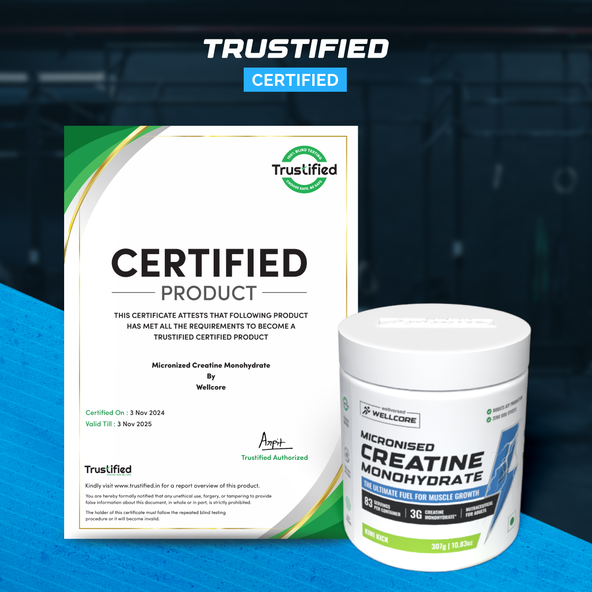 Wellcore - Pure Micronised Creatine Monohydrate | Kiwi Kick (307g, 83 servings)
