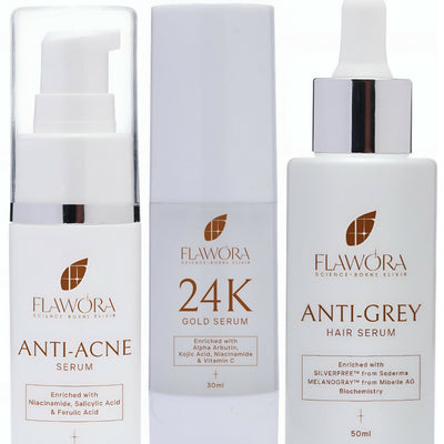 Flawora Anti-Grey Hair Serum, Anti Acne Serum & Gold Face Serum Combo