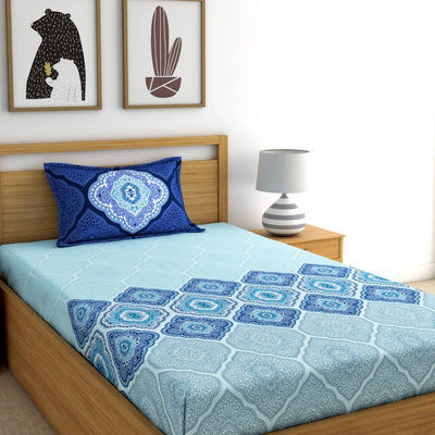 Dreamscape Blue & Turquoise Blue 140 TC Pure Cotton Bedsheet with Pillow Covers