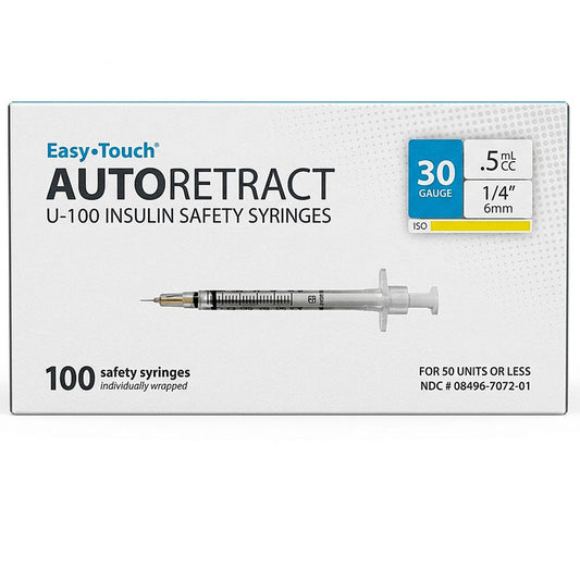 EasyTouch Retractable Insulin Syringes 30 Gauge, Safety 0.5ml and 1 ml, 100/Box