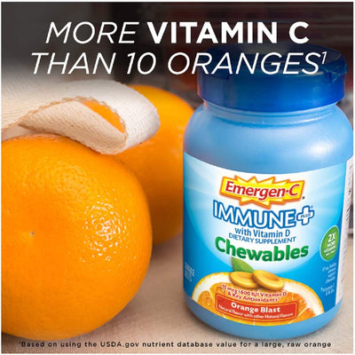 Emergen-C Immune+ Chewables 1000mg Vitamin C with Vitamin D Tablet Orange Blast Flavor, 42 Count