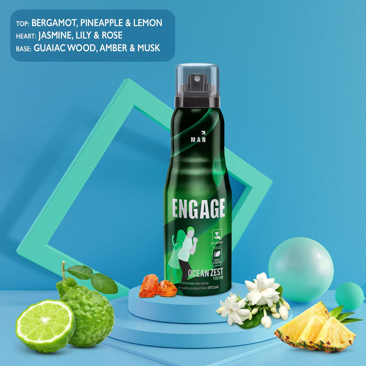 Engage Ocean Zest Deodorant for Men Citrus and Aquatic Skin Friendly Deo