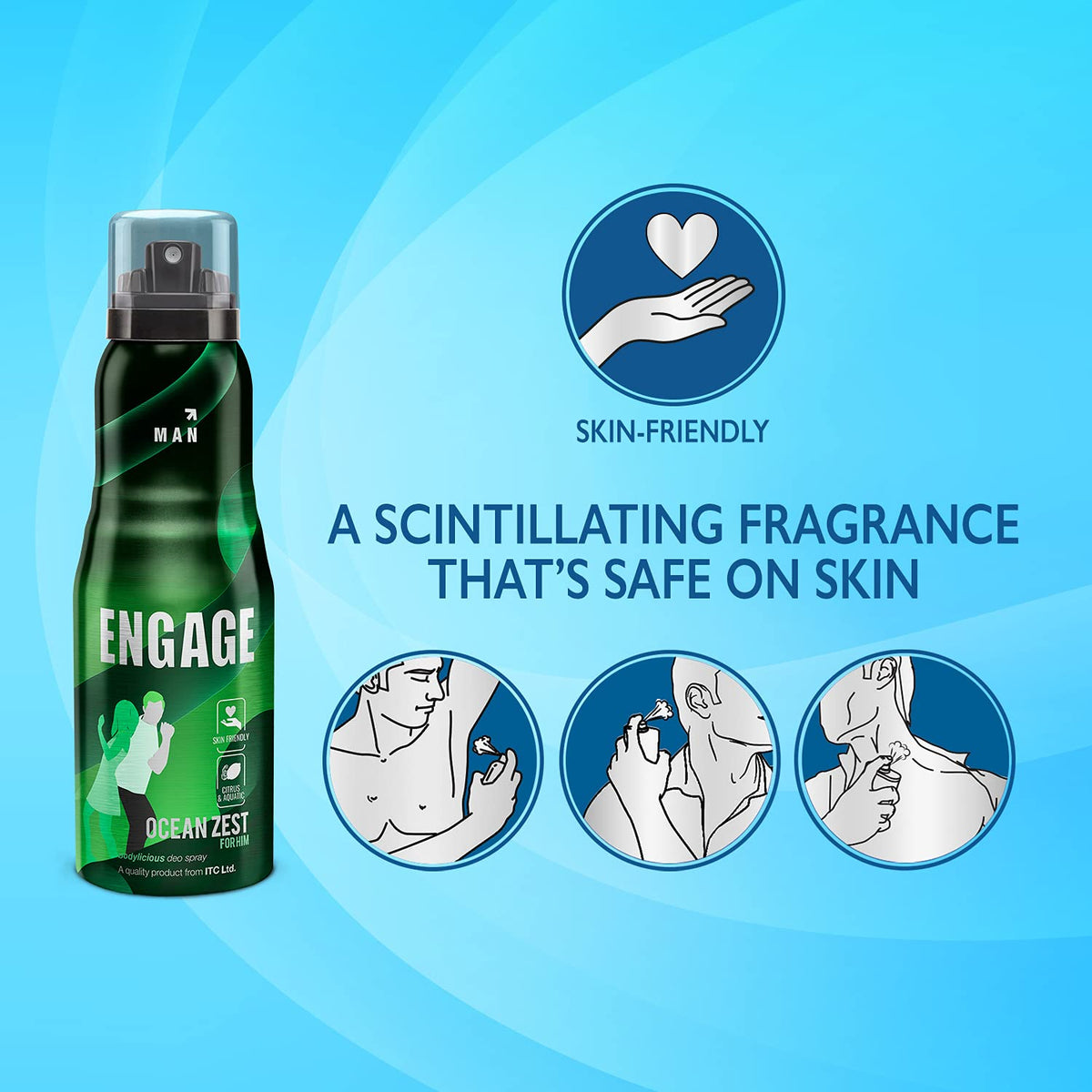 Engage Ocean Zest Deodorant for Men Citrus and Aquatic Skin Friendly Deo